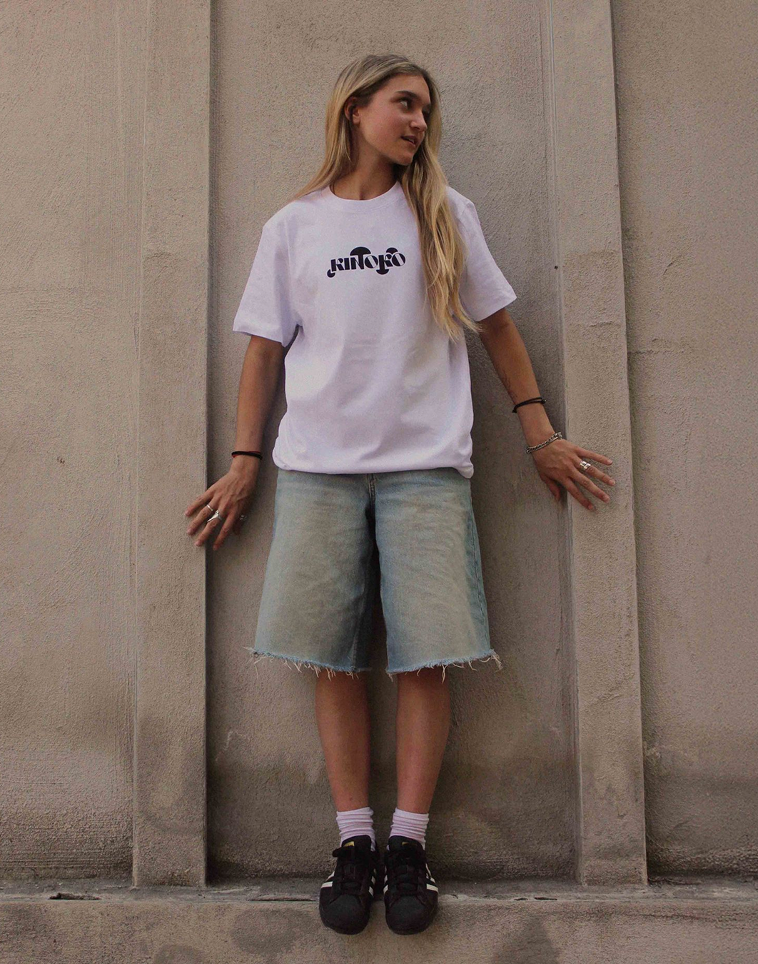Kinoko tee worn with denim shorts